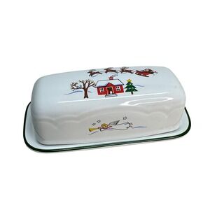 Vtg Pfaltzgraff Snow Village Butter Dish w/Lid White Ceramic Holiday Scene Angel